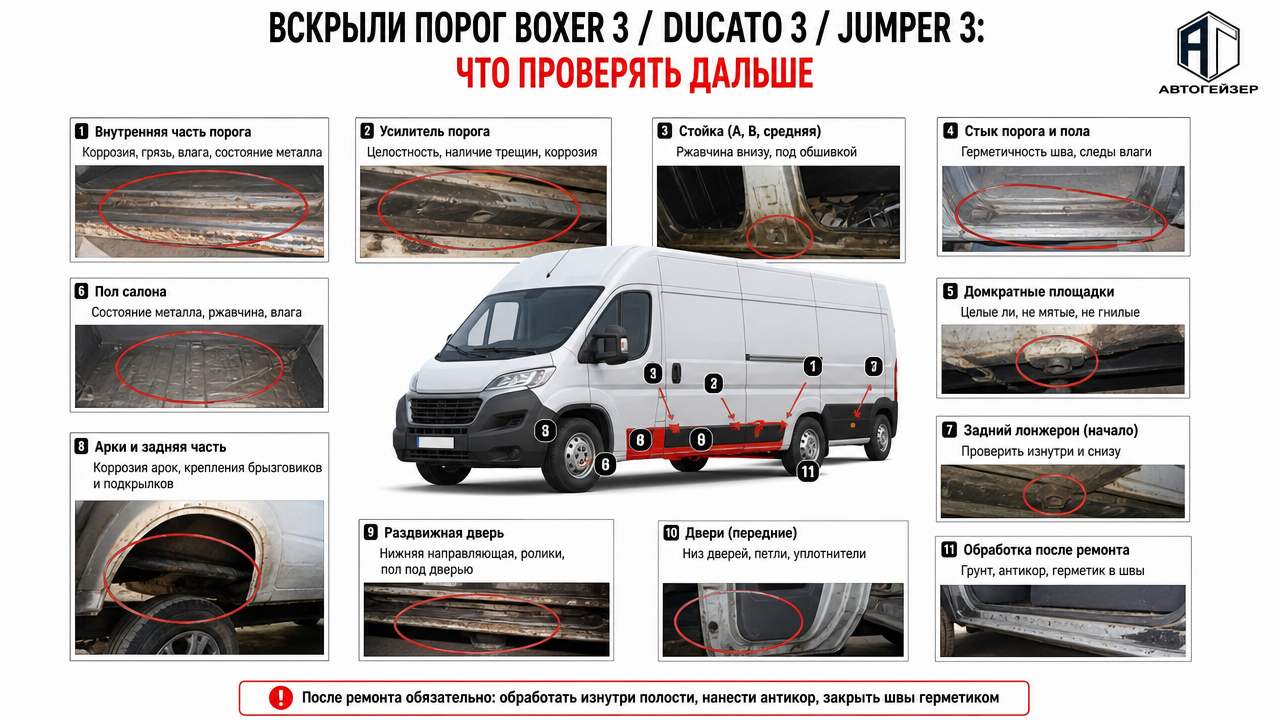 Вскрыли порог Peugeot Boxer 3, Fiat Ducato 3 или Citroen Jumper 3: что проверять дальше